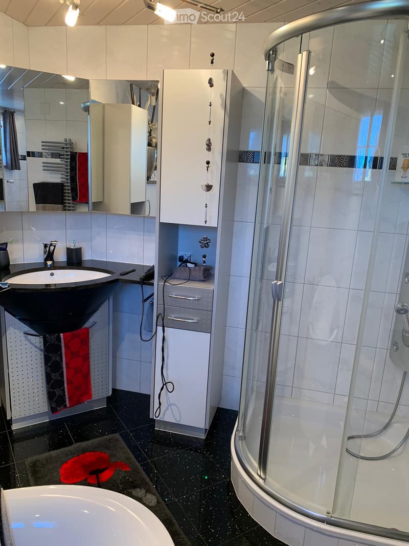 Modern bathroom with a black sink, large mirror, glass shower enclosure, white cabinetry, and a red towel on the floor.