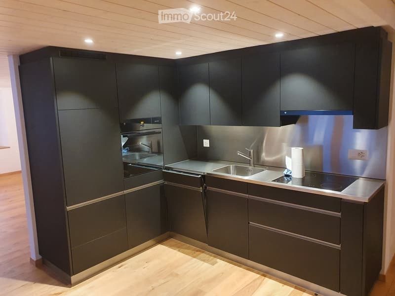 Modern kitchen with dark grey cabinets, stainless steel sink, induction cooktop, and built-in oven. Wooden flooring and recessed lighting.