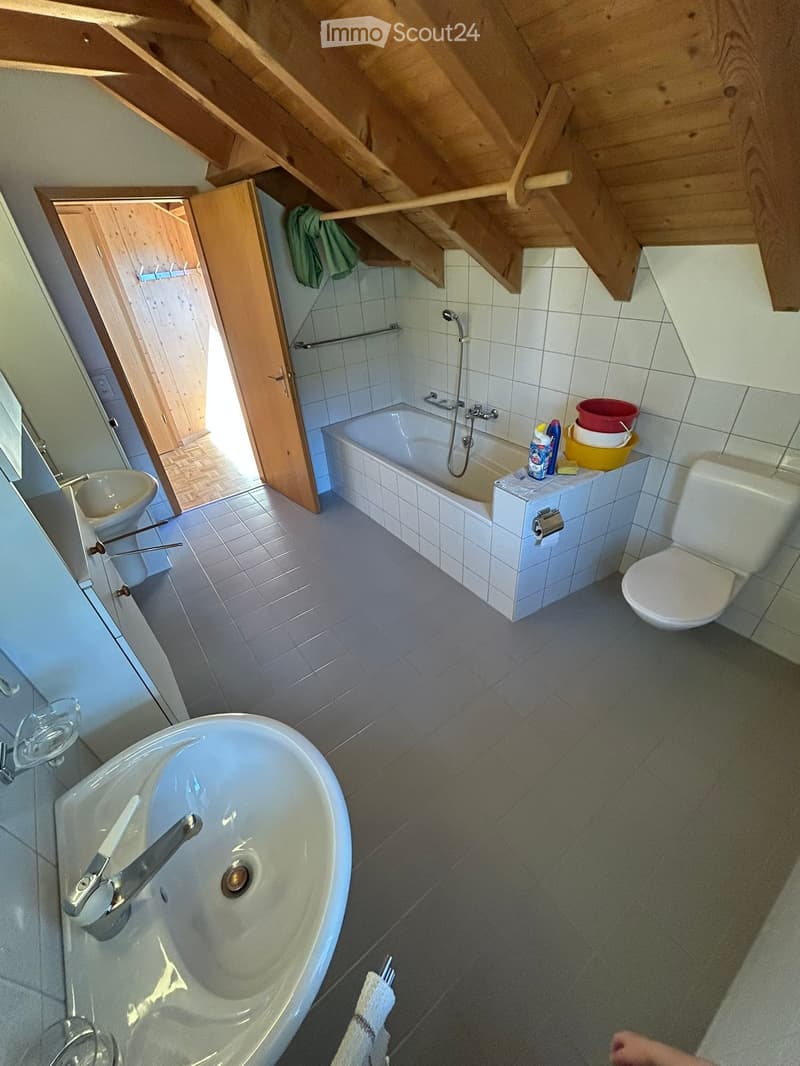 Bathroom with a bathtub, toilet, sink, and mirror. Cleaning supplies are placed on the edge of the bathtub.