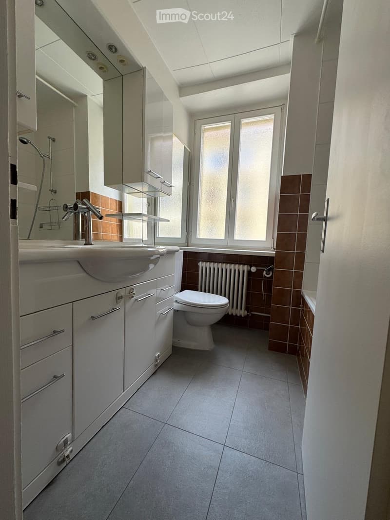 Modern bathroom with grey tiles, white cabinetry, a sink, toilet, and a window with frosted glass. Features a radiator and a shower area with a glass enclosure.