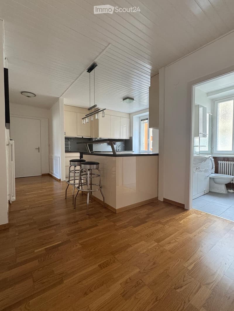 Open-plan kitchen and living area with light wood flooring, white cabinets, a kitchen island with bar stools, and a visible bathroom with a toilet.