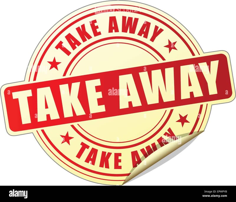 A vintage-style circular sticker with the text "TAKE AWAY" repeated three times in bold red letters on a cream background, featuring decorative stars and a torn paper edge.