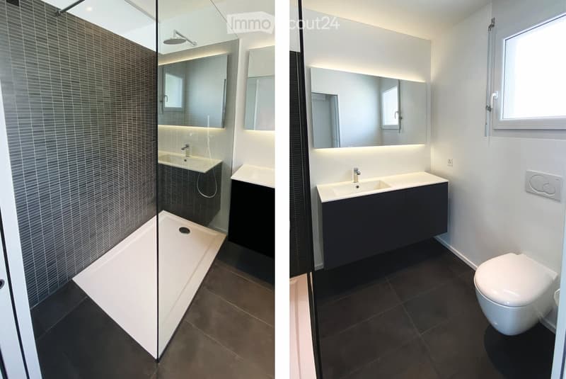 Modern bathroom with a glass-enclosed shower, a sink with a mirrored cabinet, and a toilet. The shower has a sleek design with a modern faucet and a built-in seat. The sink area features a sleek vanity with built-in storage and a large mirror with integra