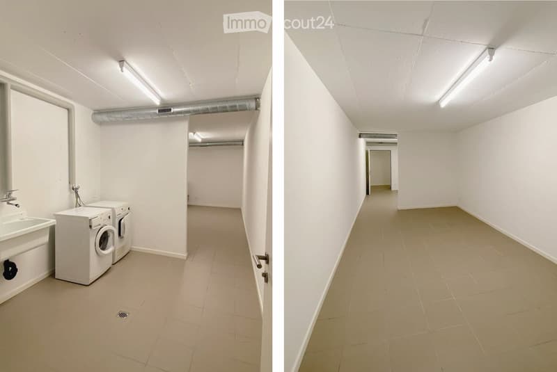 Two images showing a clean, unfurnished corridor and a small utility area with a sink and washing machines.