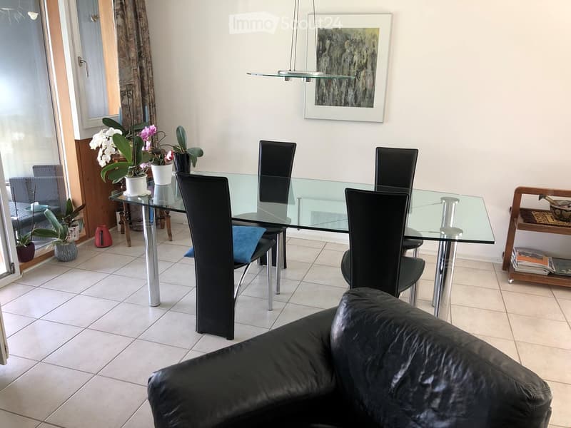 Modern dining area with a glass dining table, black chairs, a black leather sofa, potted plants, and a shelf with books and decorative items.