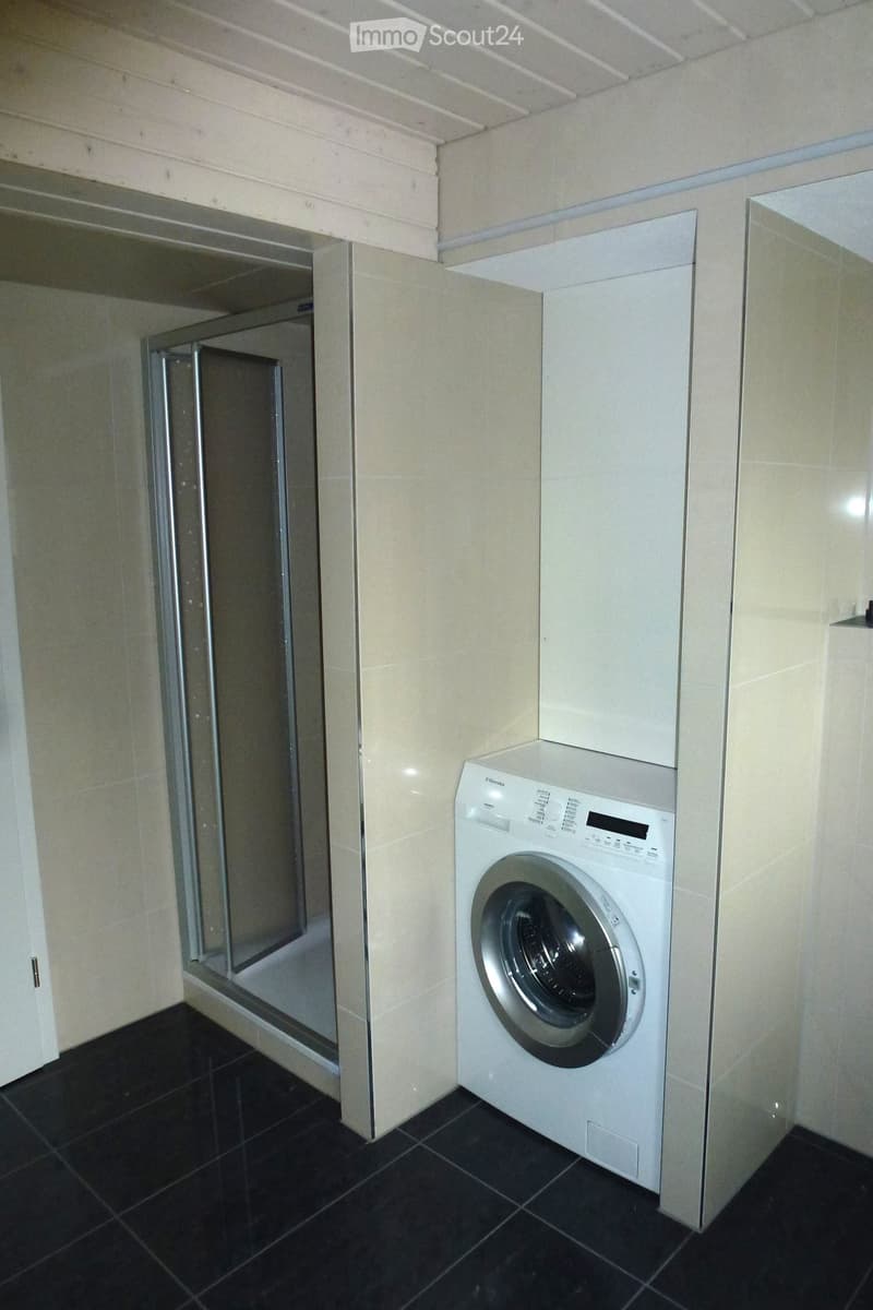 Modern bathroom with a washing machine, tiled walls, and a glass shower enclosure.