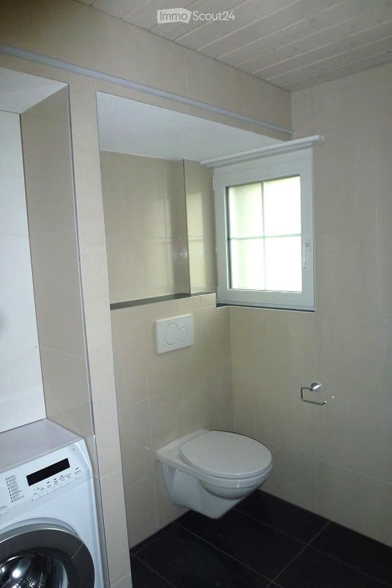 Modern bathroom with a toilet, mirror, cabinet, and a private washing machine. The walls are tiled, and there is a small window above the toilet.