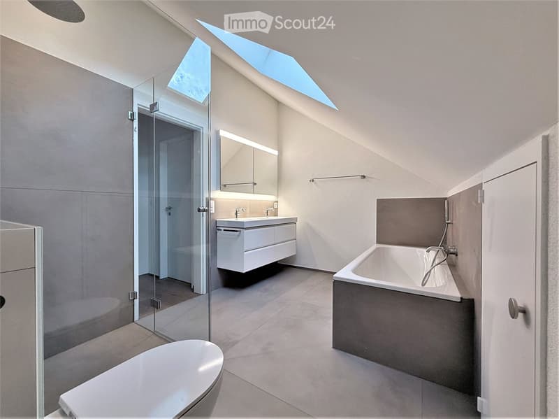 Modern bathroom with a bathtub, toilet, sink, and mirror. Features a glass shower enclosure and skylight windows.