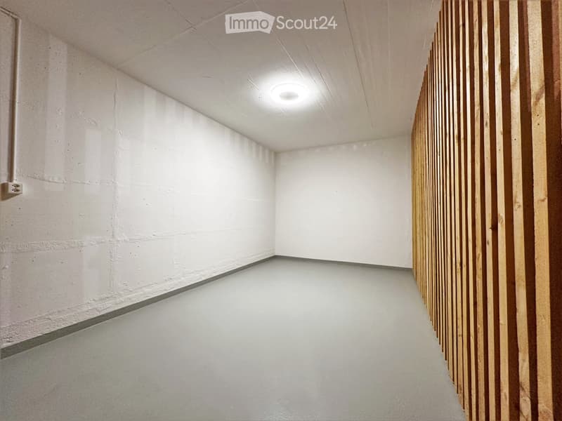 Empty room with white walls, a smooth floor, and a wooden slatted partition on one side.