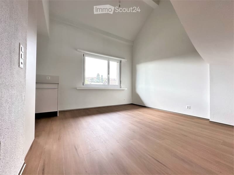 Empty room with wooden flooring, white walls, and a single window with a white frame. There is a small cabinet on the left side.