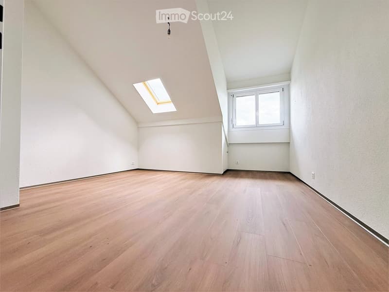 Empty attic room with wooden flooring, white walls, skylight window, and a regular window with white frame.