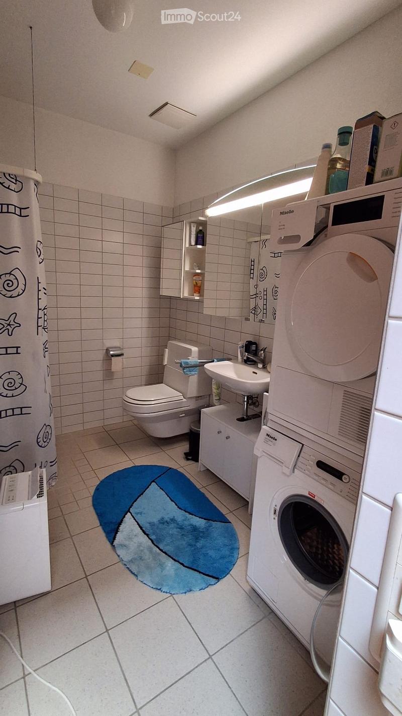 Bathroom with a toilet, sink, washing machine, shower curtain, mirror, and a blue shower mat on the floor.