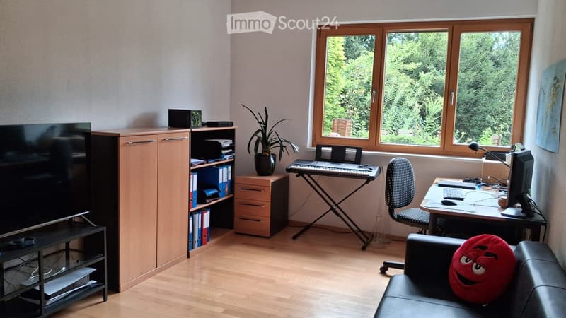 A well-lit room with wooden flooring, large windows, a sofa with a red cushion, a desk with a laptop, a keyboard, a chair, a cabinet, a shelf with books and files, and a potted plant.