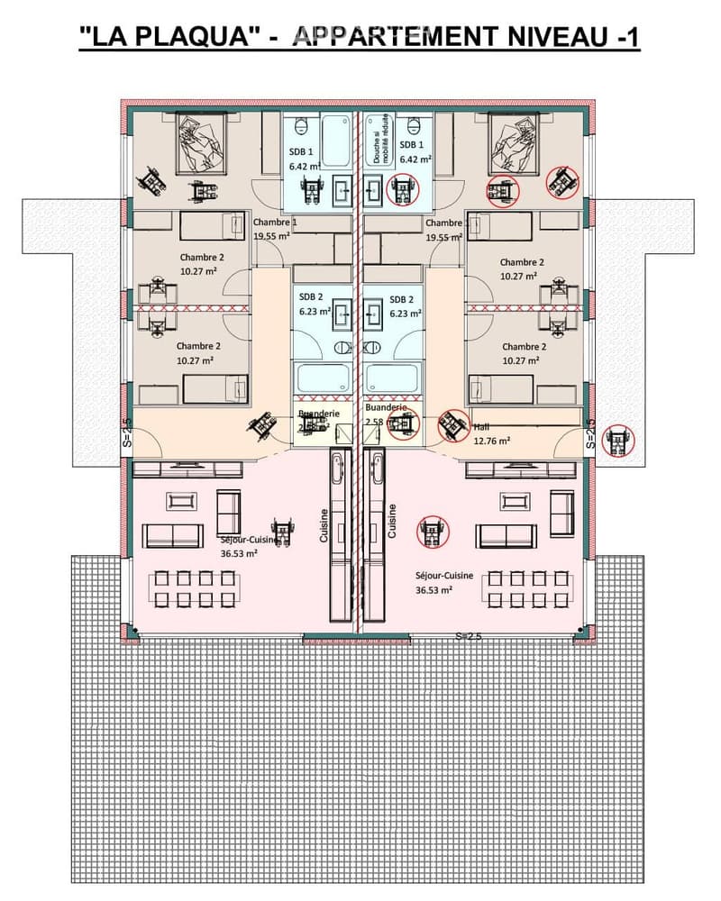 Floor plan of "LA PLAQUA" - APPARTEMENT NIVEAU -1, showing two apartments with multiple rooms including bedrooms, bathrooms, living-dining areas, and kitchens.