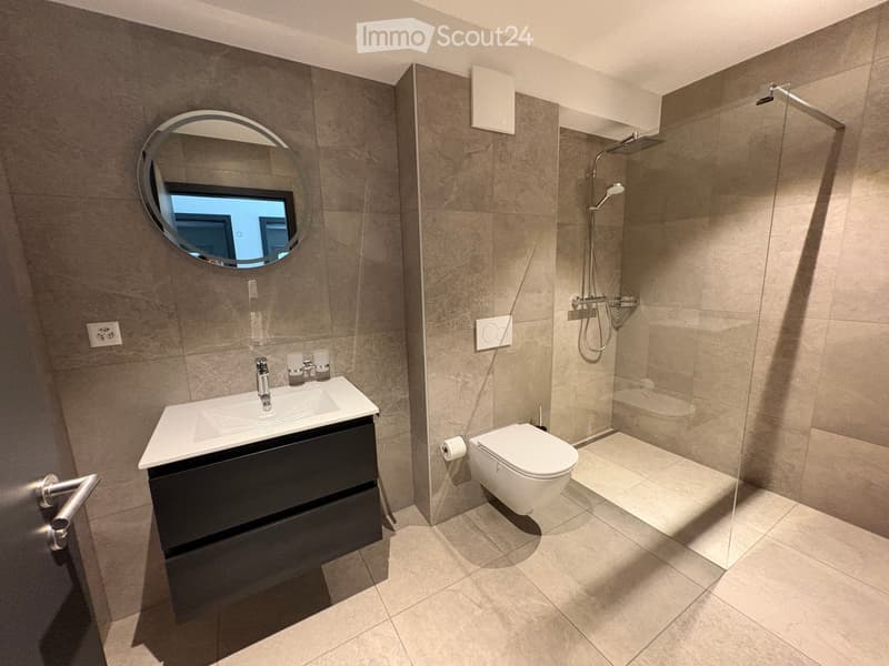 Modern bathroom with a white sink, black vanity, toilet, glass-enclosed shower, and a round mirror above the sink.