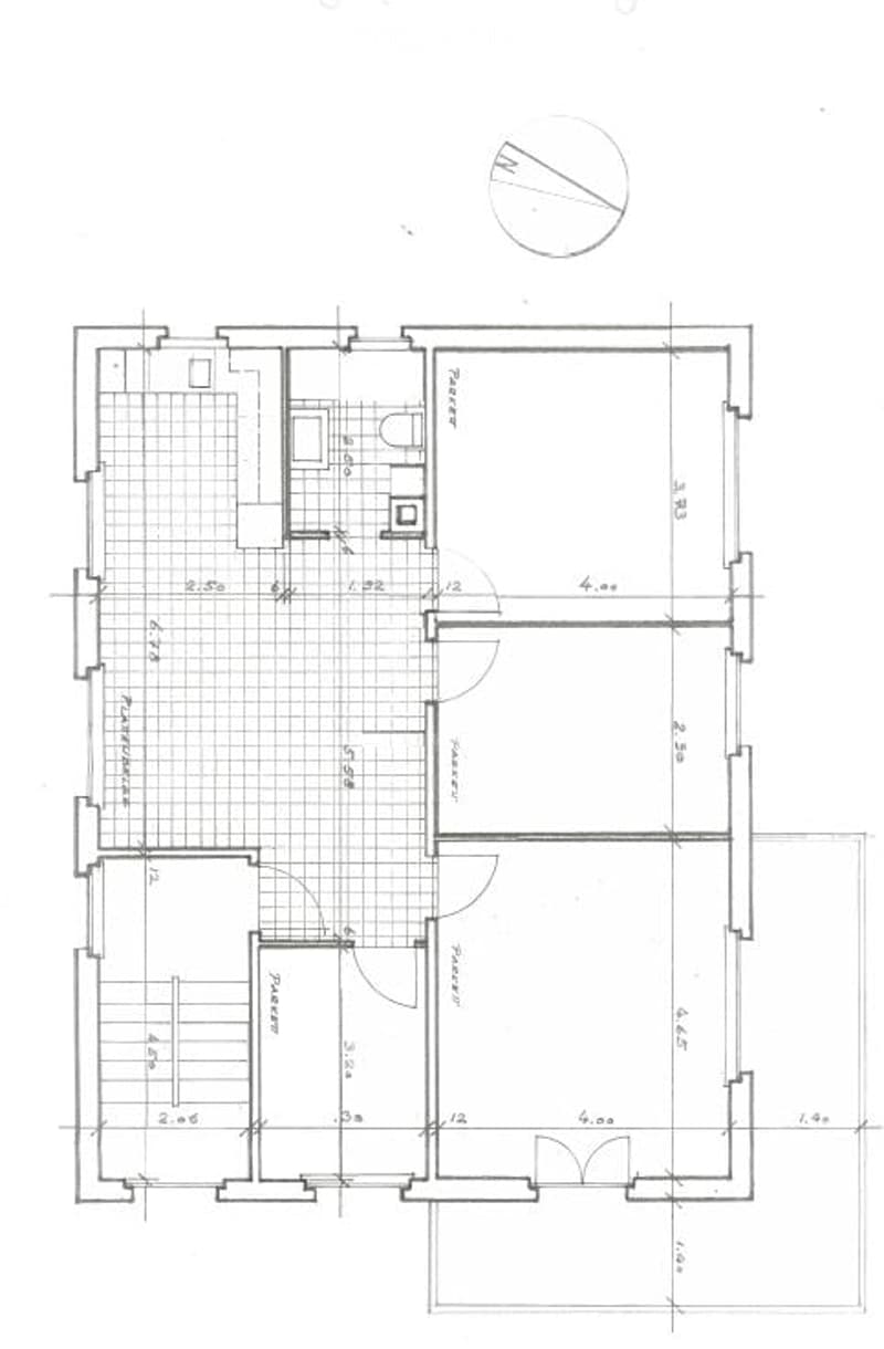 Floor plan of a residential space featuring a living room, dining area, kitchen, and three bedrooms with attached bathrooms.