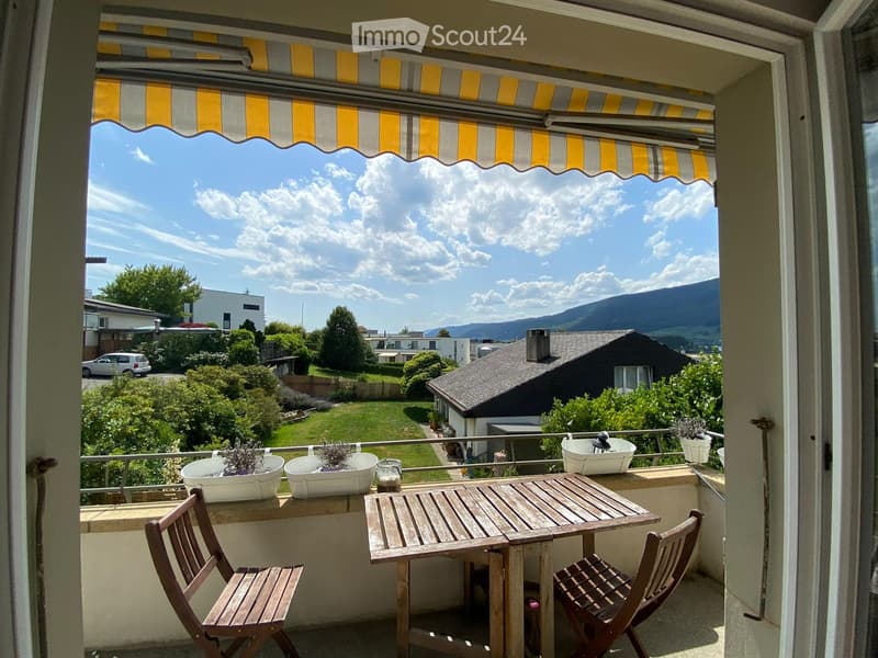 Balcony with a wooden table, two chairs, and several flower pots, overlooking a green lawn and distant mountains.