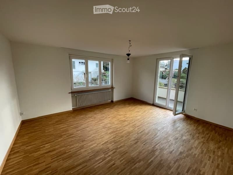 Empty room with wooden flooring, large window, sliding glass door leading to a balcony, radiator, and a ceiling light fixture.