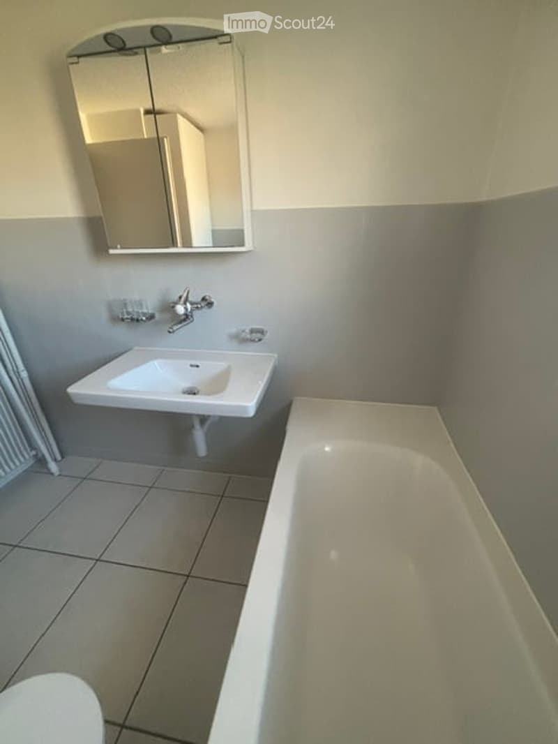 Modern bathroom with a white sink, chrome faucet, bathtub, and a mirrored cabinet above the sink. The walls are painted in a two-tone design with light grey on the lower half and a lighter shade on the upper half. The floor is tiled in light grey.