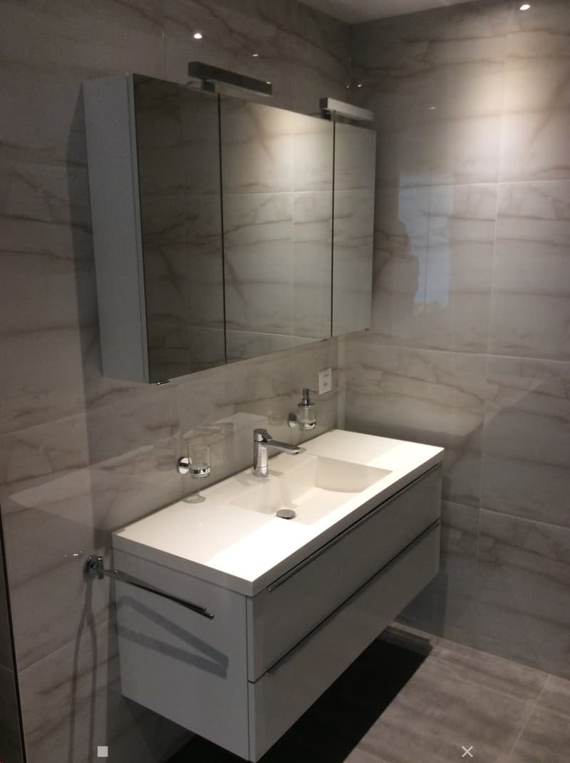 Modern bathroom with a double sink vanity, sleek faucet, large mirror, and built-in storage. The walls are covered in marble tiles, and the floor is tiled.