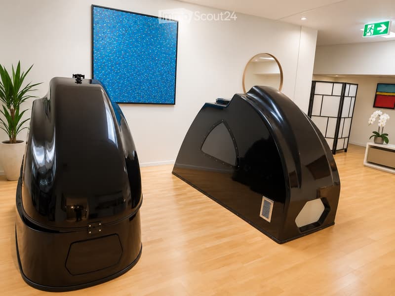 Modern interior with two black pod-like structures, a potted plant, a round mirror, a small table with a flower, and a colorful screen on the wall.
