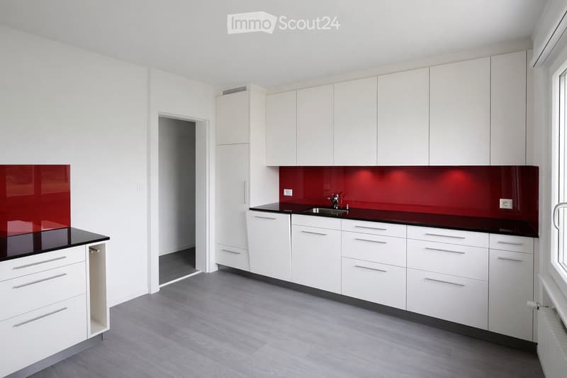 Modern kitchen with white cabinets, black countertops, and a red backsplash. Features a sink with a faucet and ample storage space.
