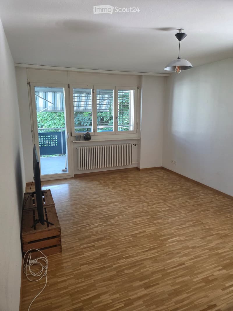 Empty room with wooden flooring, white walls, large windows, and a TV on a stand.