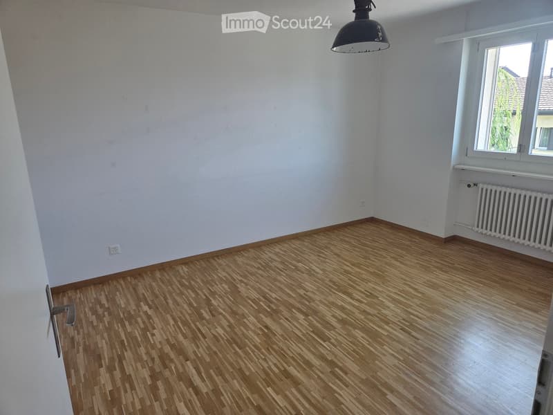 Empty room with light-colored wooden flooring, white walls, and a window with a radiator below it. A single hanging light fixture is visible.