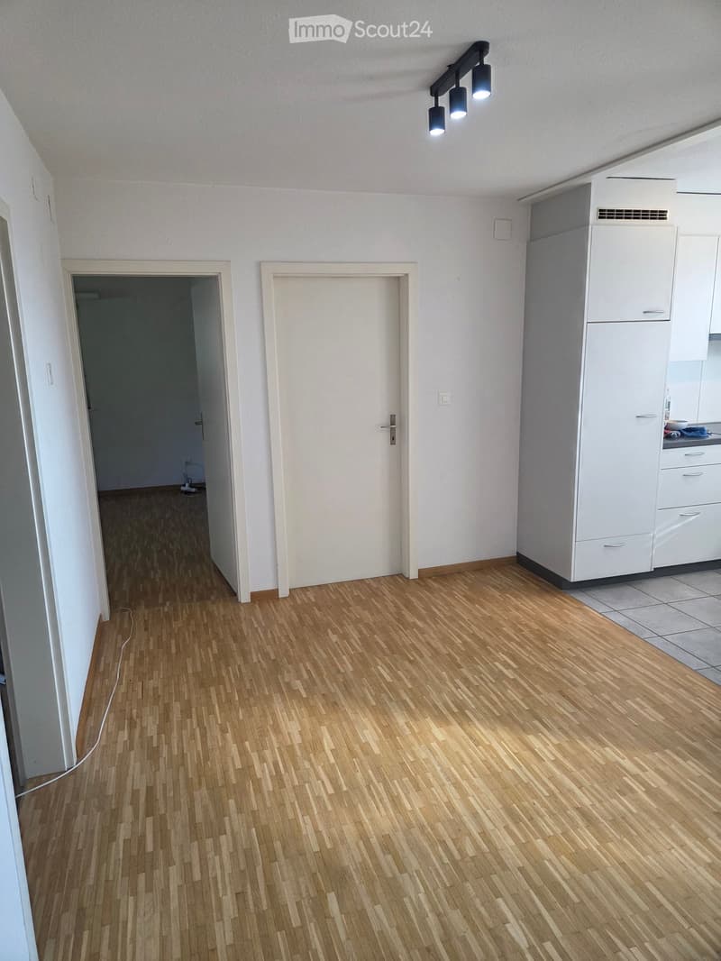 Empty hallway with wooden flooring, white walls, and two doors leading to other rooms. A small kitchen area is visible on the right with white cabinets and a countertop.