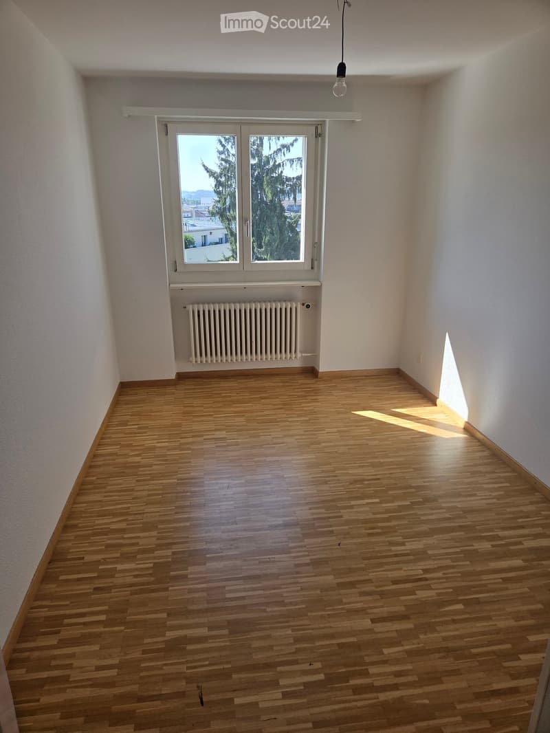 Empty room with wooden flooring, white walls, a window with a radiator below, and a hanging light fixture.