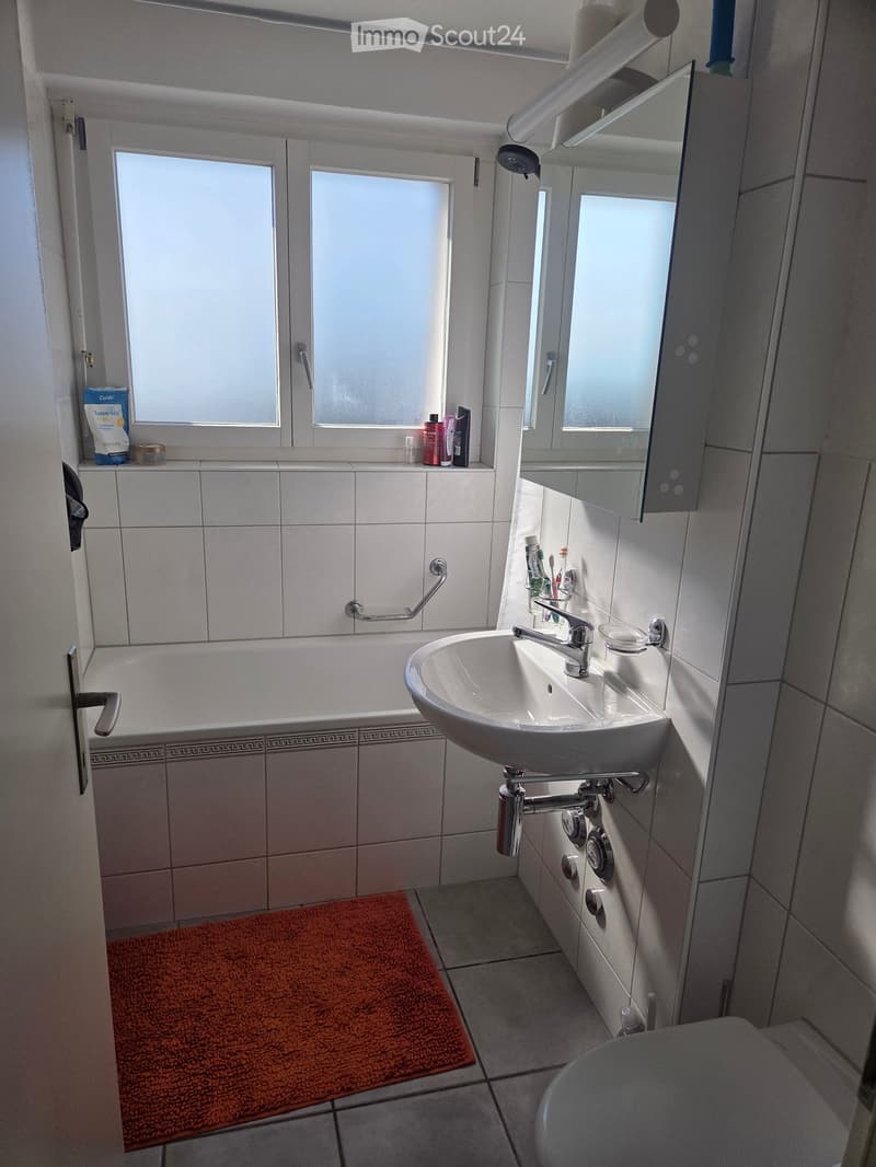 Modern bathroom with white tiles, bathtub, sink, toilet, mirror, and a small window with frosted glass. Includes a red bath mat and various toiletries on the windowsill and sink counter.
