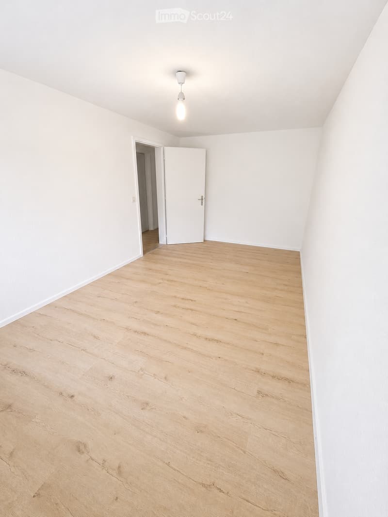 Empty room with light wooden flooring and white walls, featuring a single door and a ceiling light fixture.