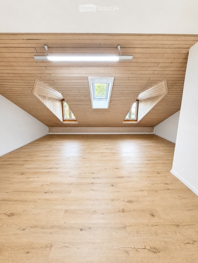 Empty room with wooden flooring and wooden ceiling, featuring skylight windows and recessed lighting.