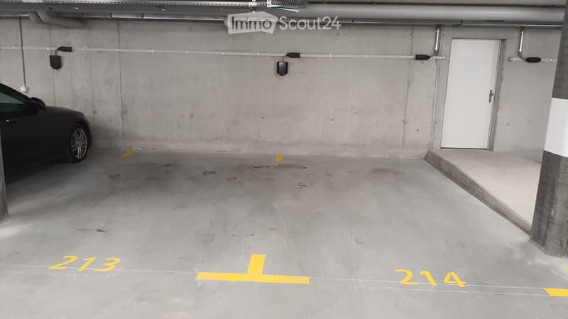 Underground parking space with concrete floors and walls, marked parking spots numbered 213 and 214, and a single parked car.