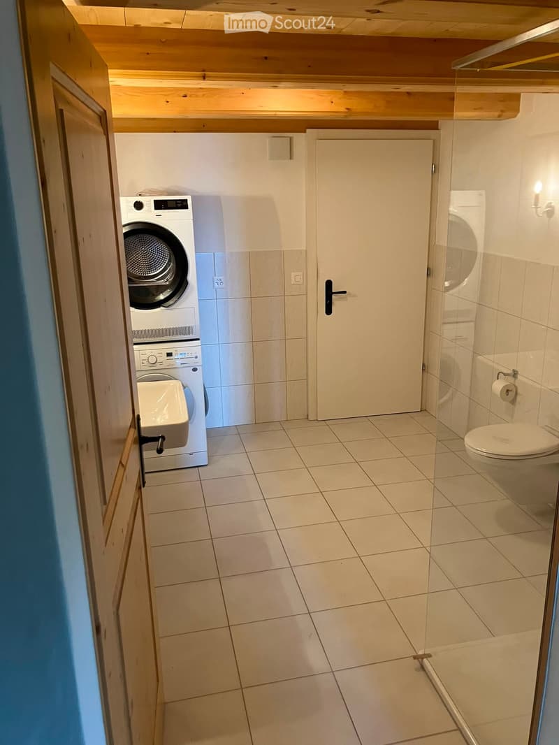 Compact bathroom with a washing machine, toilet, and shower area, featuring tiled floors and walls.