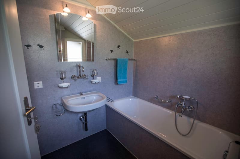 Bathroom with a white sink, bathtub, mirror, towel, and handrails for accessibility.