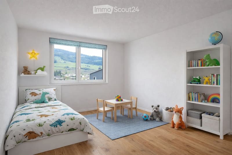 Bright, child-friendly bedroom with a dinosaur-themed bed, a small table and chairs, a bookshelf filled with books and toys, and a scenic view of a green landscape through large windows.