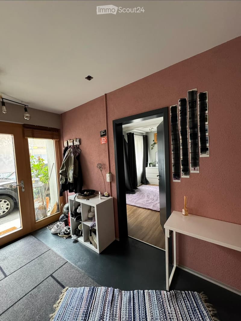 Hallway with pink walls, a small table, a mirror, a shelf with shoes, and a rug leading to a bedroom.