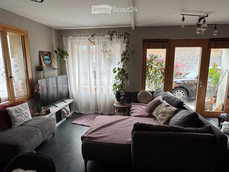 Modern living room with grey sectional sofa, pink throw blanket, coffee table, TV stand, potted plants, and large windows with sheer curtains.