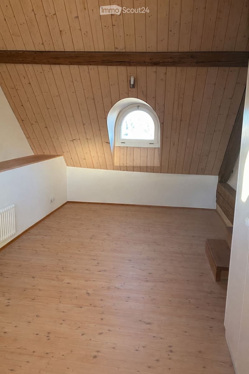 Empty attic room with wooden walls, ceiling, and floor, featuring a small arched window and a white radiator on the left side.