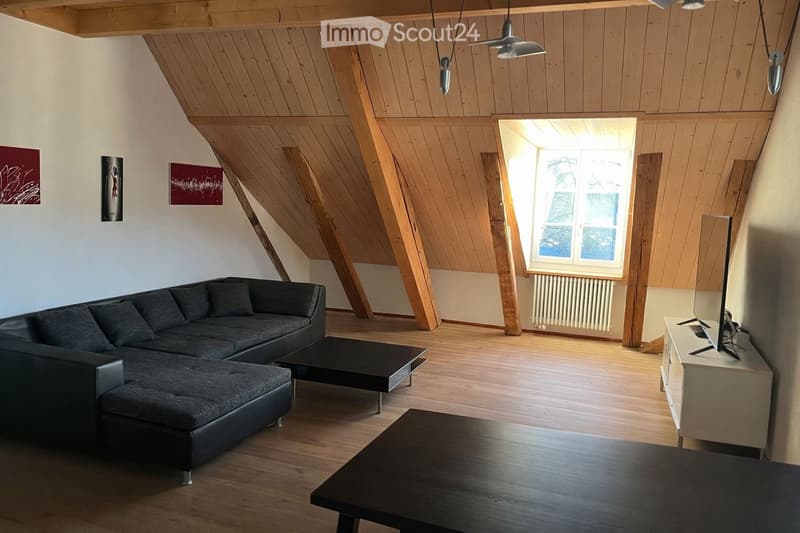Modern living room with wooden slanted ceiling, large window, grey sectional sofa, coffee table, TV stand, and additional table.