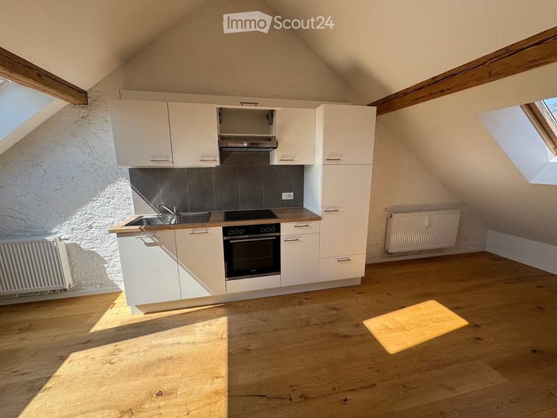Modern kitchen with white cabinets, wooden flooring, stainless steel sink, oven, and exposed wooden beams. Natural light from skylights illuminates the space.