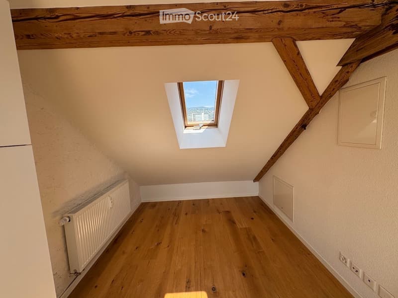 Empty attic space with wooden floor, exposed wooden beams, skylight window offering a view, radiator, and electrical outlets.