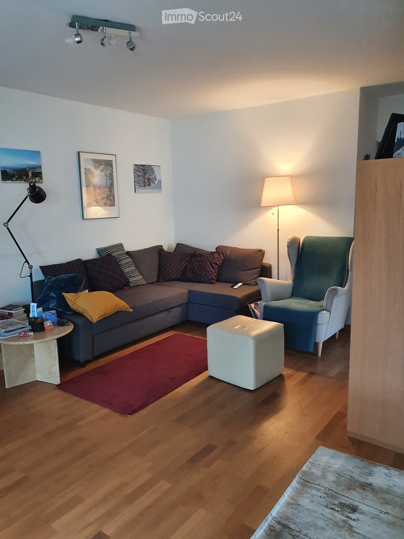 Modern living room with wooden flooring, a sectional sofa, an ottoman, a green armchair, a small round table, and a floor lamp. The room features several picture frames on the wall and a red area rug.