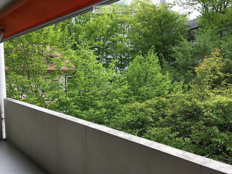 Balcony with a concrete railing, overlooking a lush green area with trees and buildings in the background.