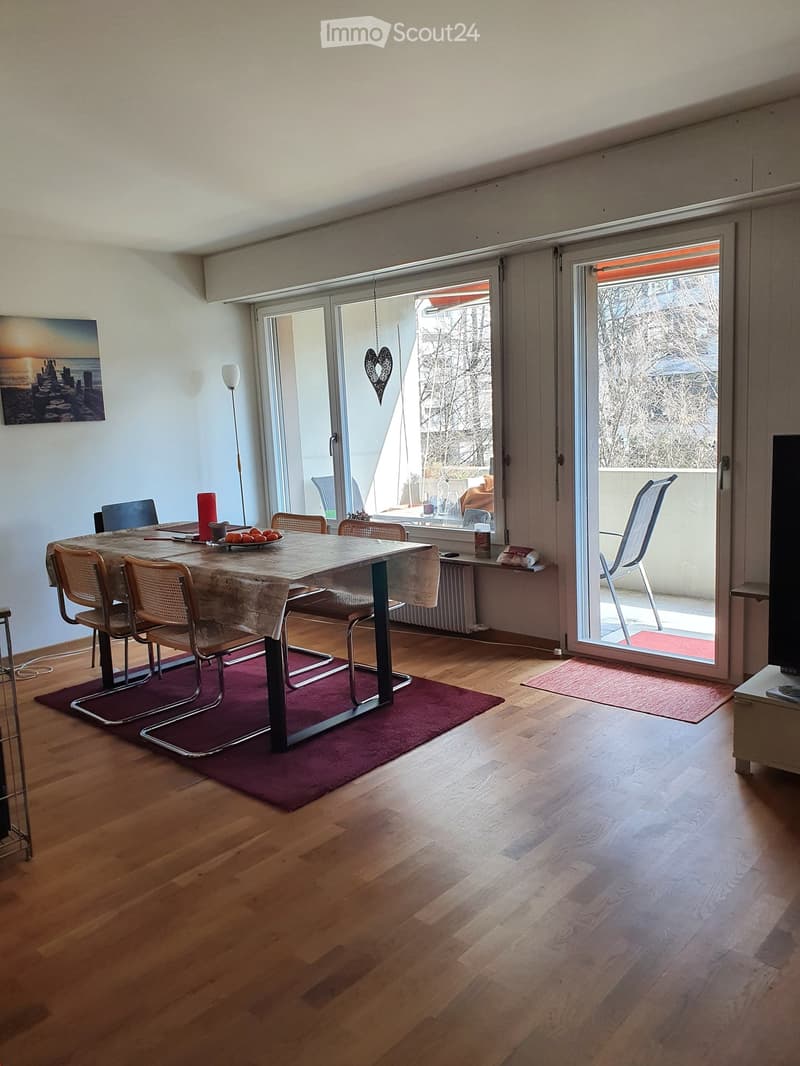 Dining room with wooden flooring, a dining table with chairs, a table runner, a floor lamp, and a television. Large sliding glass doors lead to a balcony.