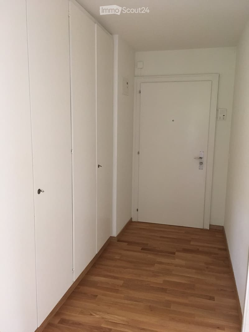 Empty hallway with wooden flooring, white walls, and two closed doors.