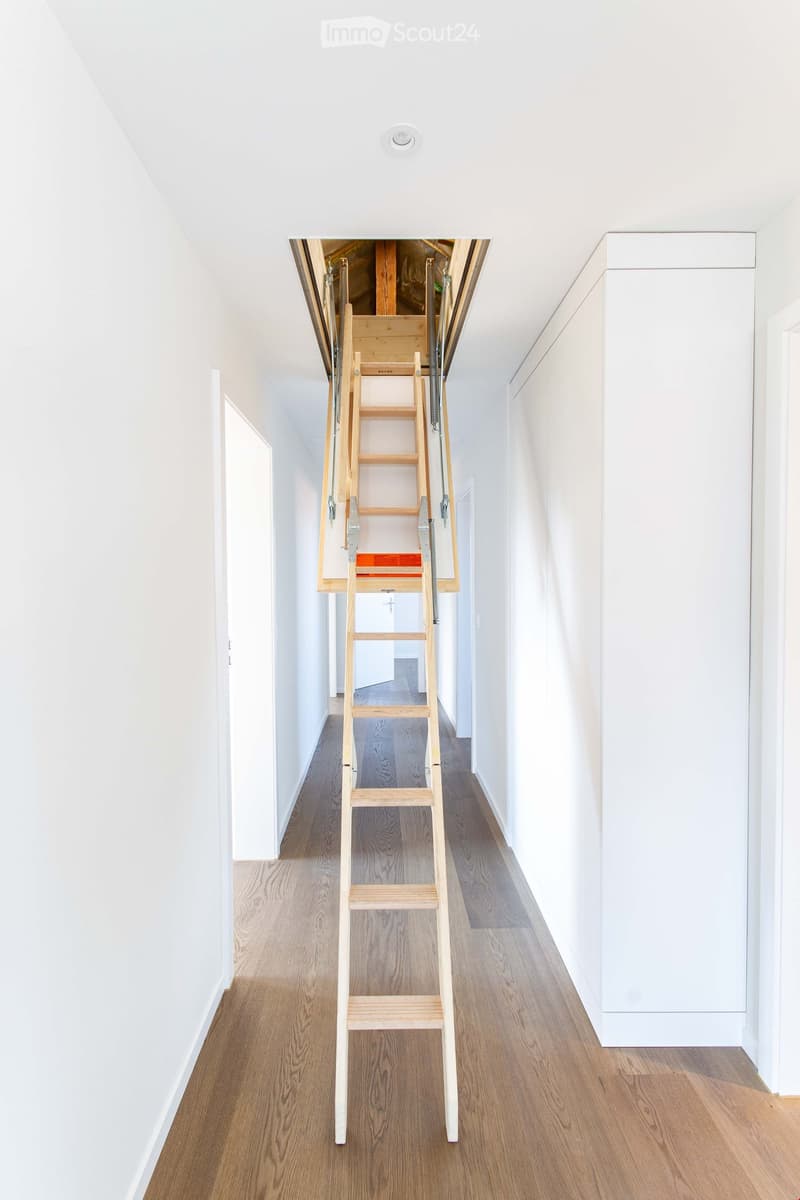 {"visible_features": ["Raised ground floor"],    "type": "Image",    "description":"A room showing the ceiling with a hatch leading to an attic. The ceiling is wooden with a hatch. The walls are white and the floor is dark brown. There is a white ladder
