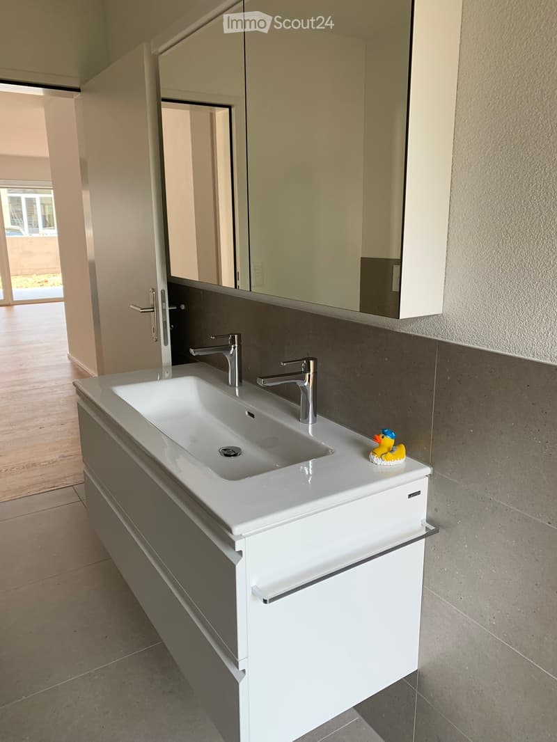 Modern bathroom with a white sink, dual faucets, a large mirror, and a white cabinet. A small yellow rubber duck is placed on the sink.