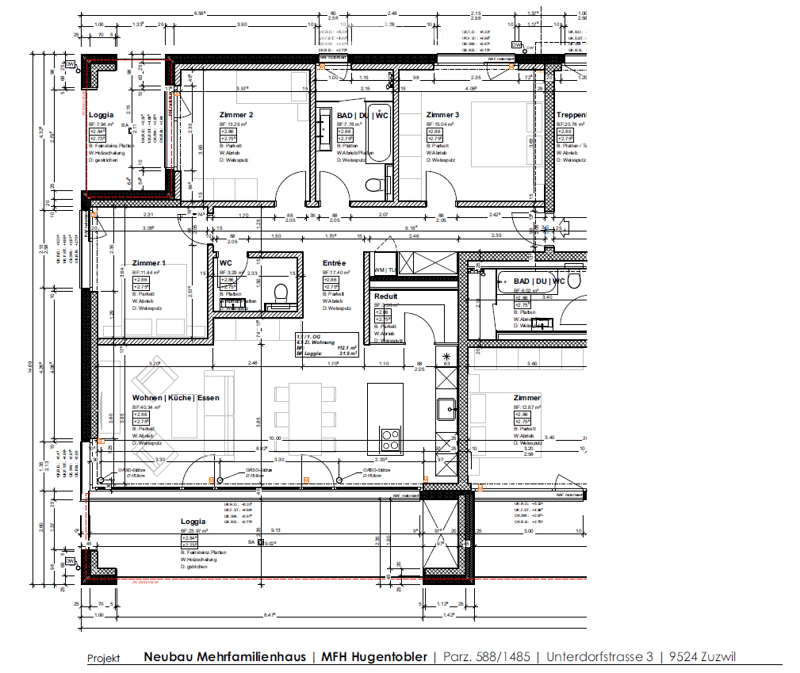 Floor plan of a multi-family house with multiple rooms including living spaces, bedrooms, bathrooms, and a kitchen area.